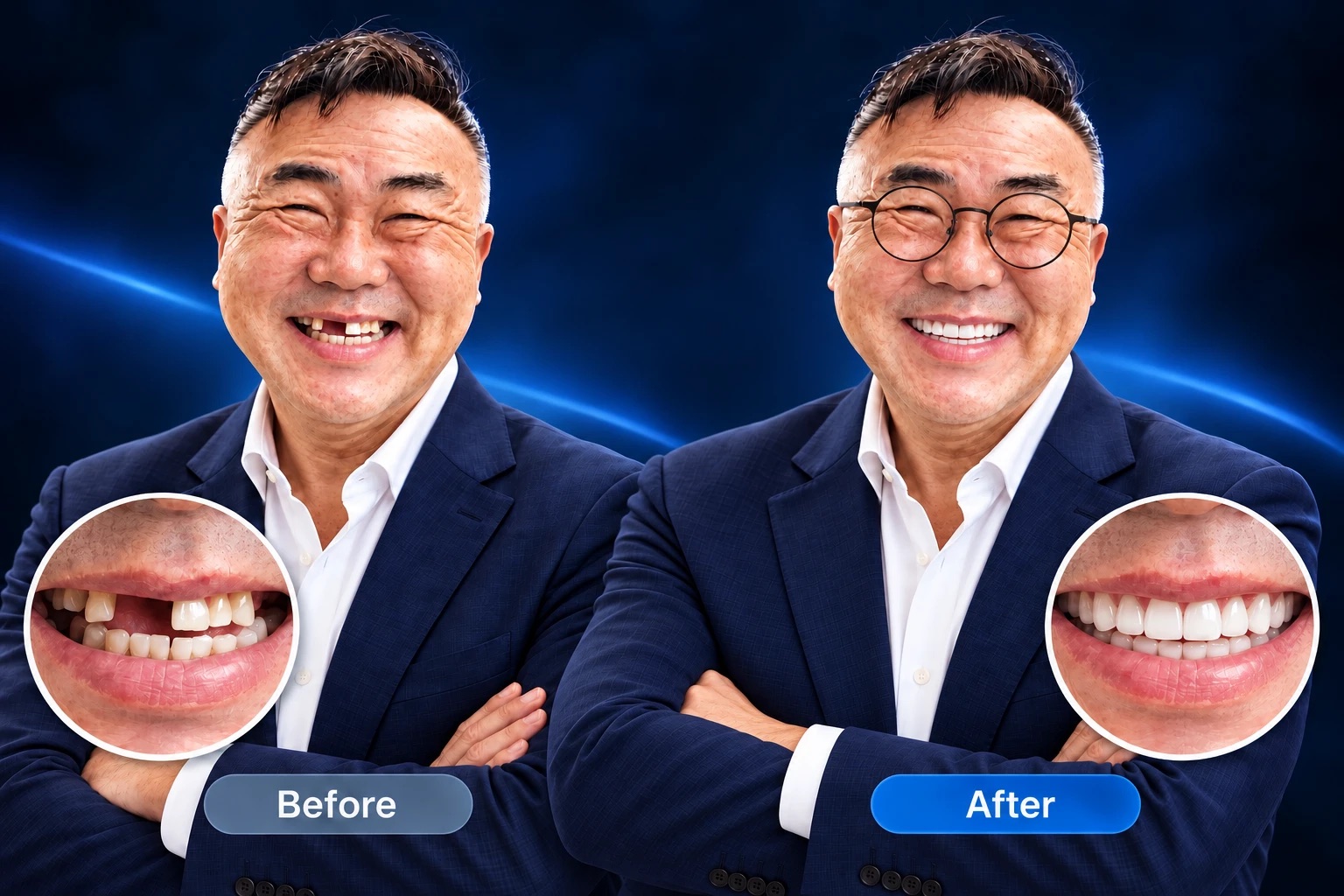 Benjamin Kim before and after his All-on-4 treatment (photos artistically styled)