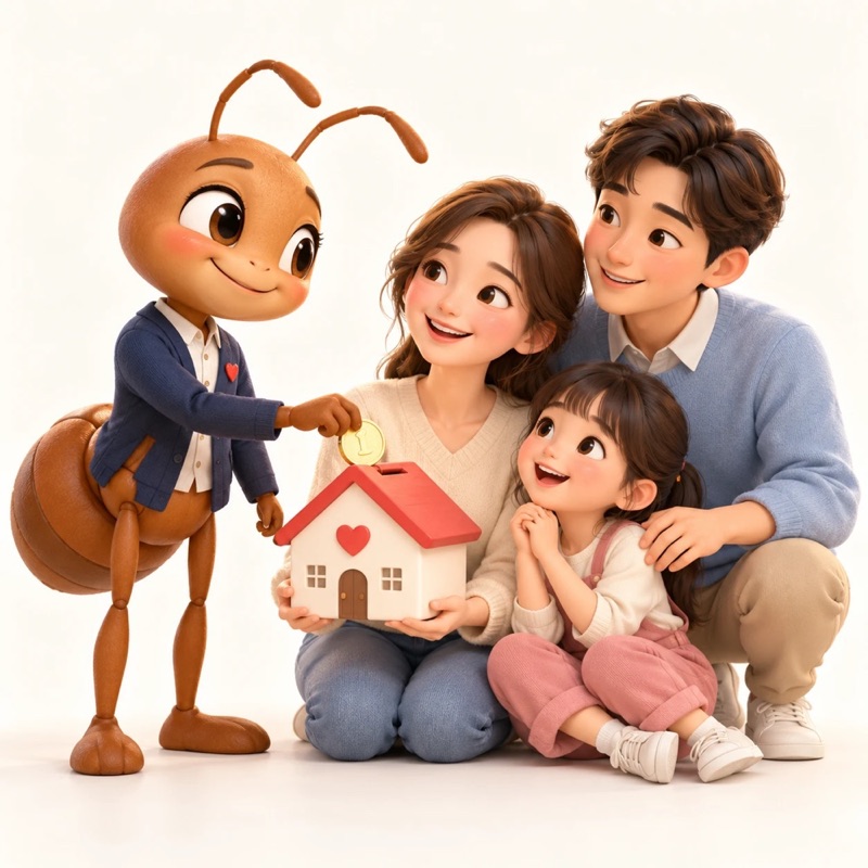 Family and an AICBCT ant backer filling a house-shaped savings bank