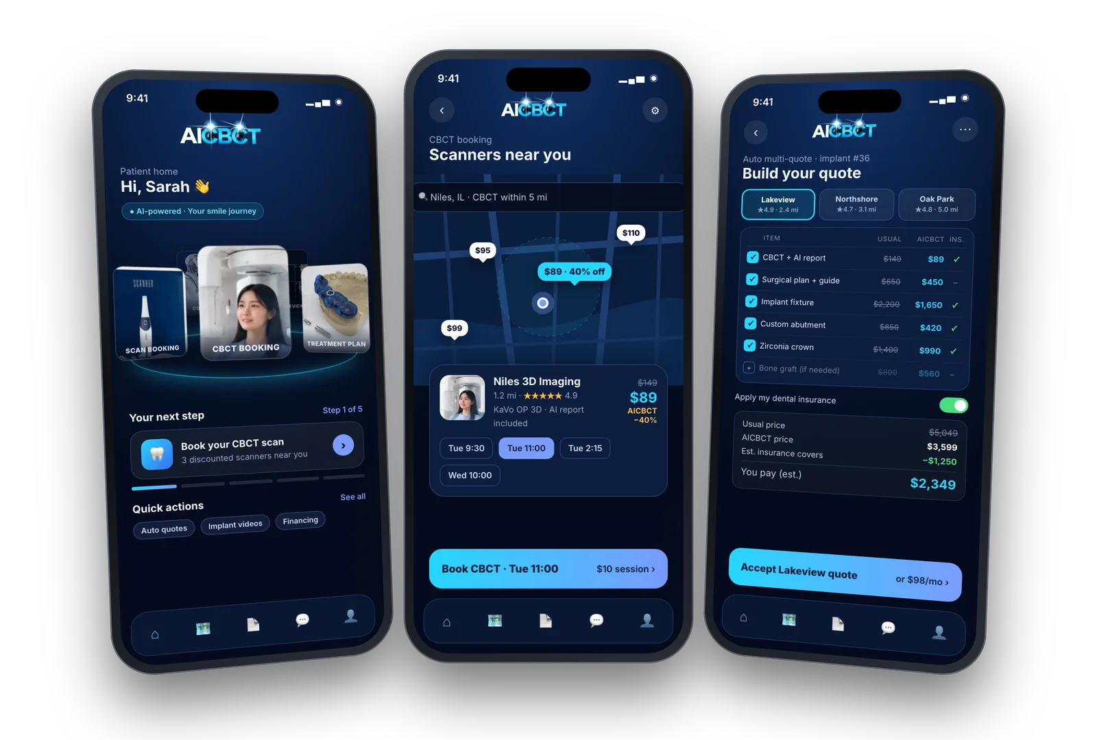 AICBCT app: patient home with service cards, CBCT booking with discounts, automatic multi-clinic quotes