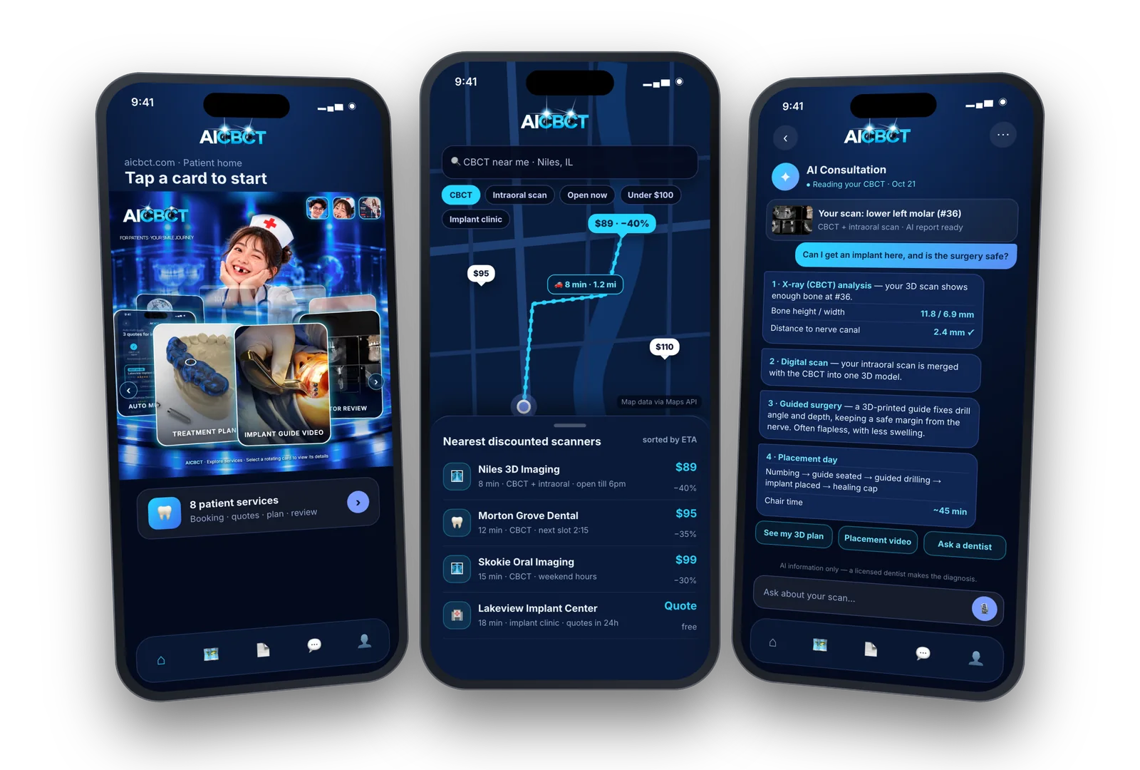 AICBCT app: live patient home, map search for CBCT and clinics, AI consultation on the patient's own scan